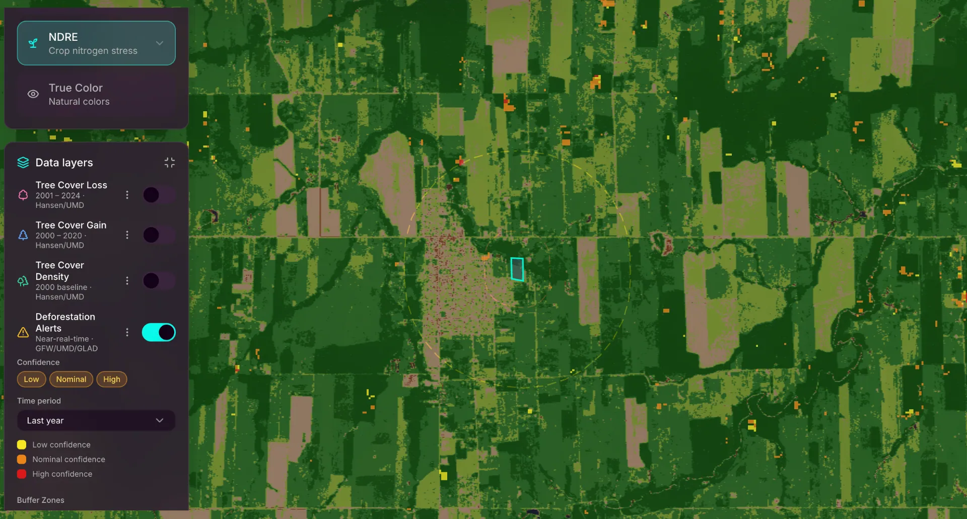 Forest canopy map with NDRE vegetation overlay and Global Forest Watch deforestation alerts marking recent tree-cover loss