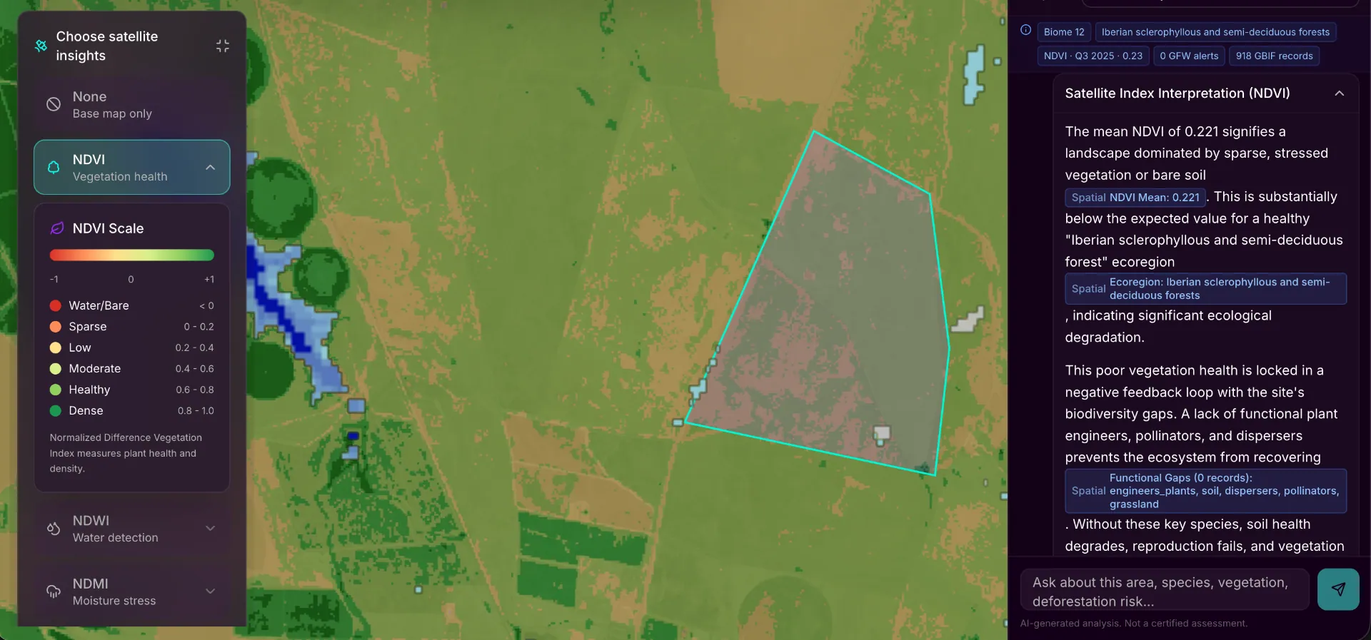 Satellite view of farmland with NDVI vegetation health overlay highlighting stressed crop zones in red and healthy growth in green
