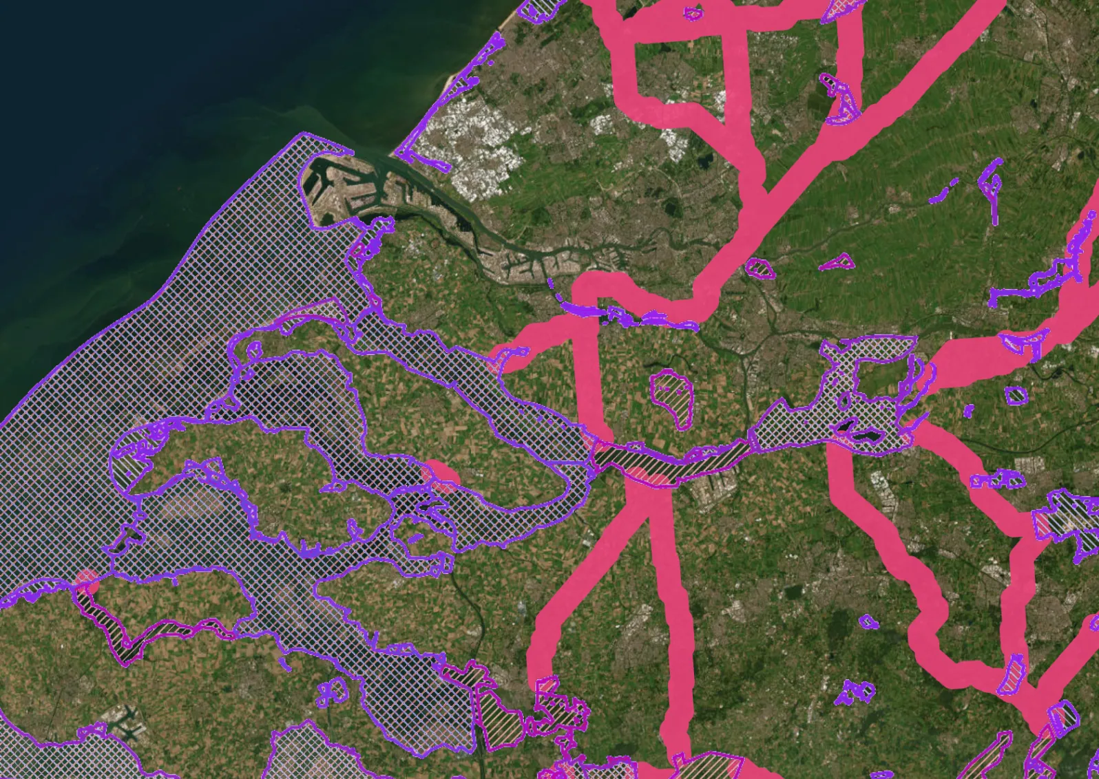 Map screening a sourcing region against Natura 2000 protected sites and ecological corridor overlays to flag sensitive land
